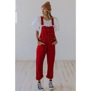 Free People RED Ziggy Straight Leg Overalls Denim We The Free Large New Boho